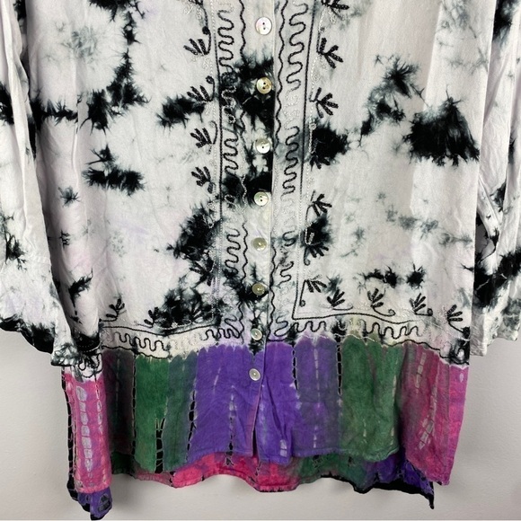 Parsley & Sage Black White Tie Dye Multi Colour Hem Embroidered Button Down XL - Picture 4 of 11